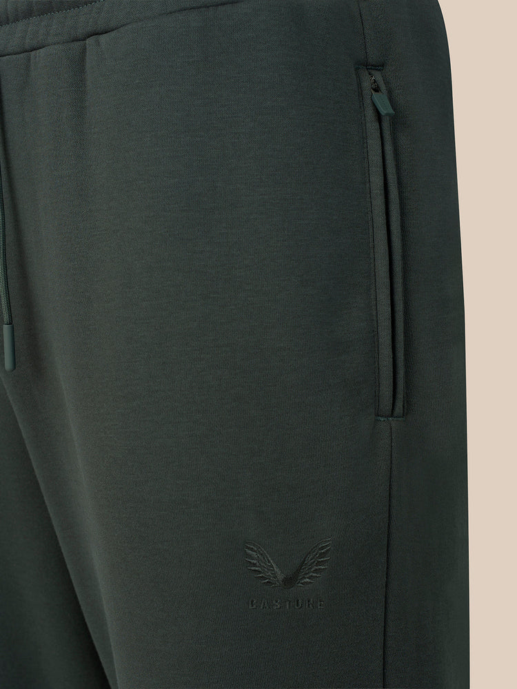 Close-up of dark gray sweatpants showing a side zip pocket, drawstring waistband, and a tonal embroidered winged logo near the lower leg.