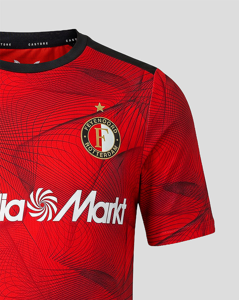 Feyenoord home matchday junior jersey in red with left chest crest and MediaMarkt sponsor across the front