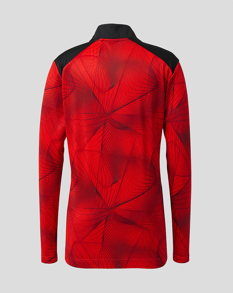 Back view of junior Feyenoord midlayer top in red with black shoulders and abstract line pattern