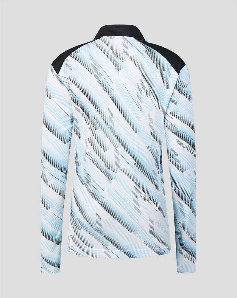 Back view of junior Feyenoord away midlayer top with black shoulder panels and pale blue print.