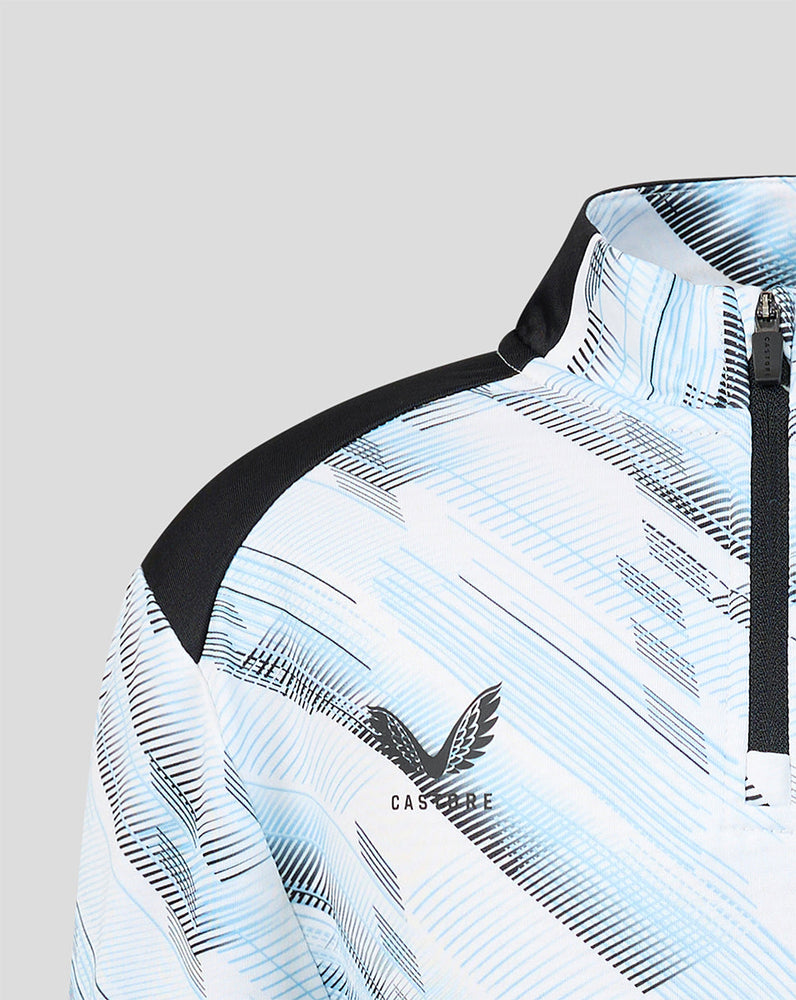 Close up of Feyenoord Uit Matchday 2026-2027 Junior midlayer top with light blue white abstract print and black shoulder panel