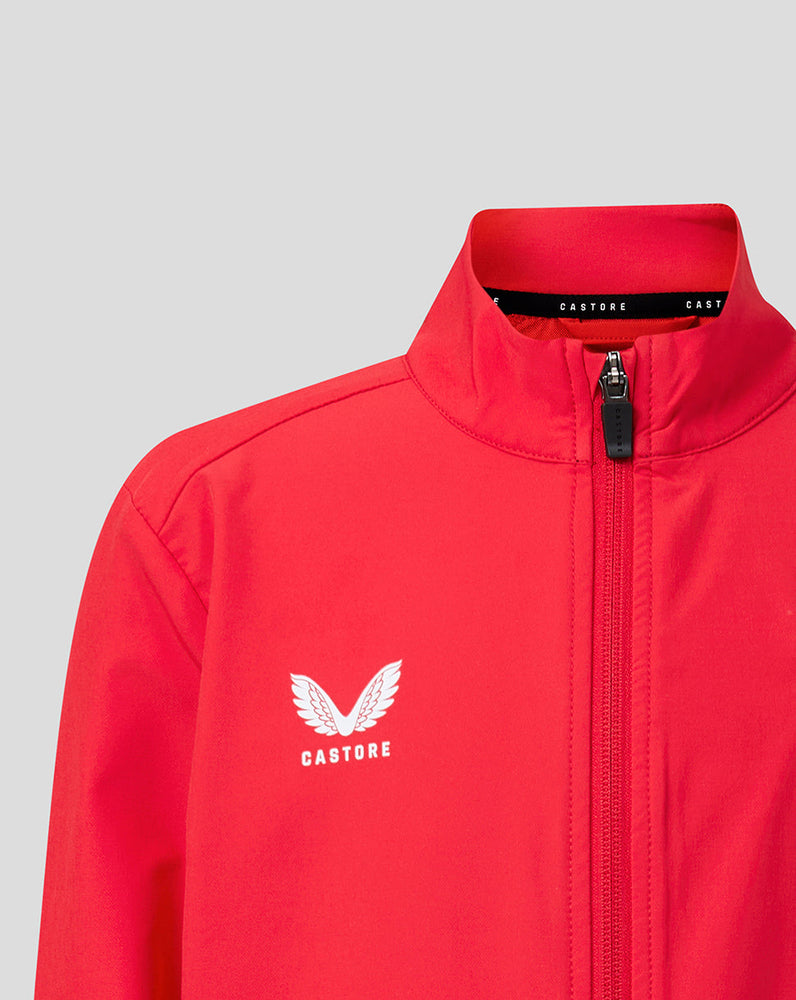 Detail of red FC Utrecht jacket showing crest on the chest and zipper