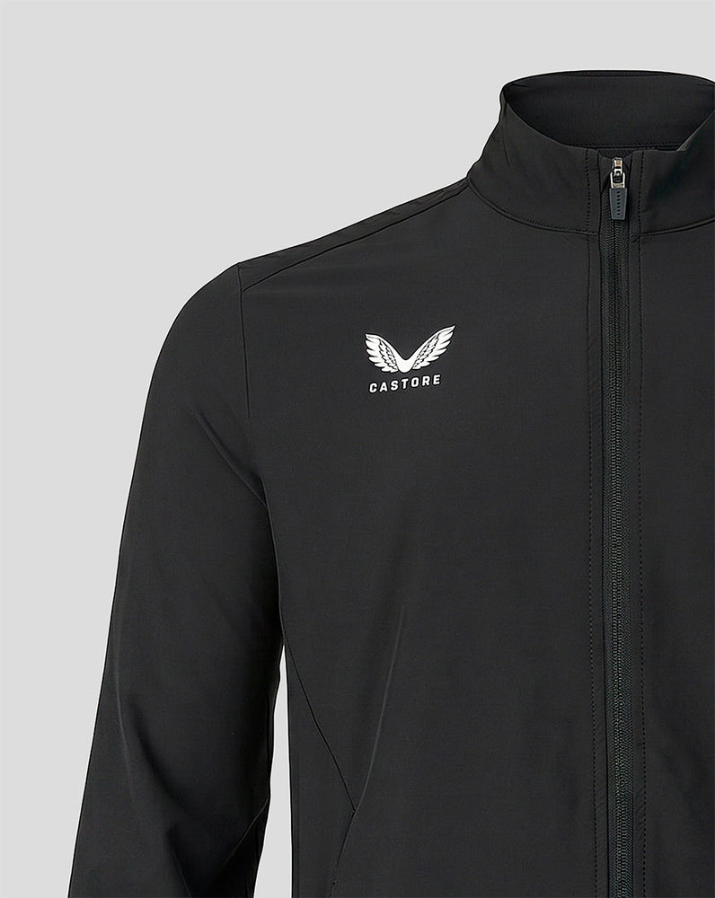 Black jacket with white Castore logo on the left chest and a full length front zipper.
