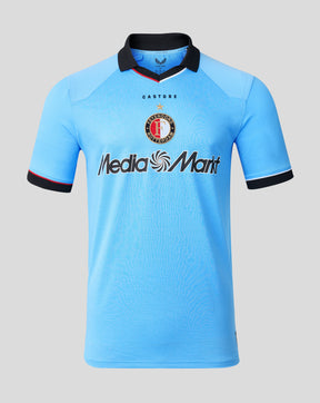 Front view of light blue Feyenoord Pro football shirt with crest and Media Markt sponsor.
