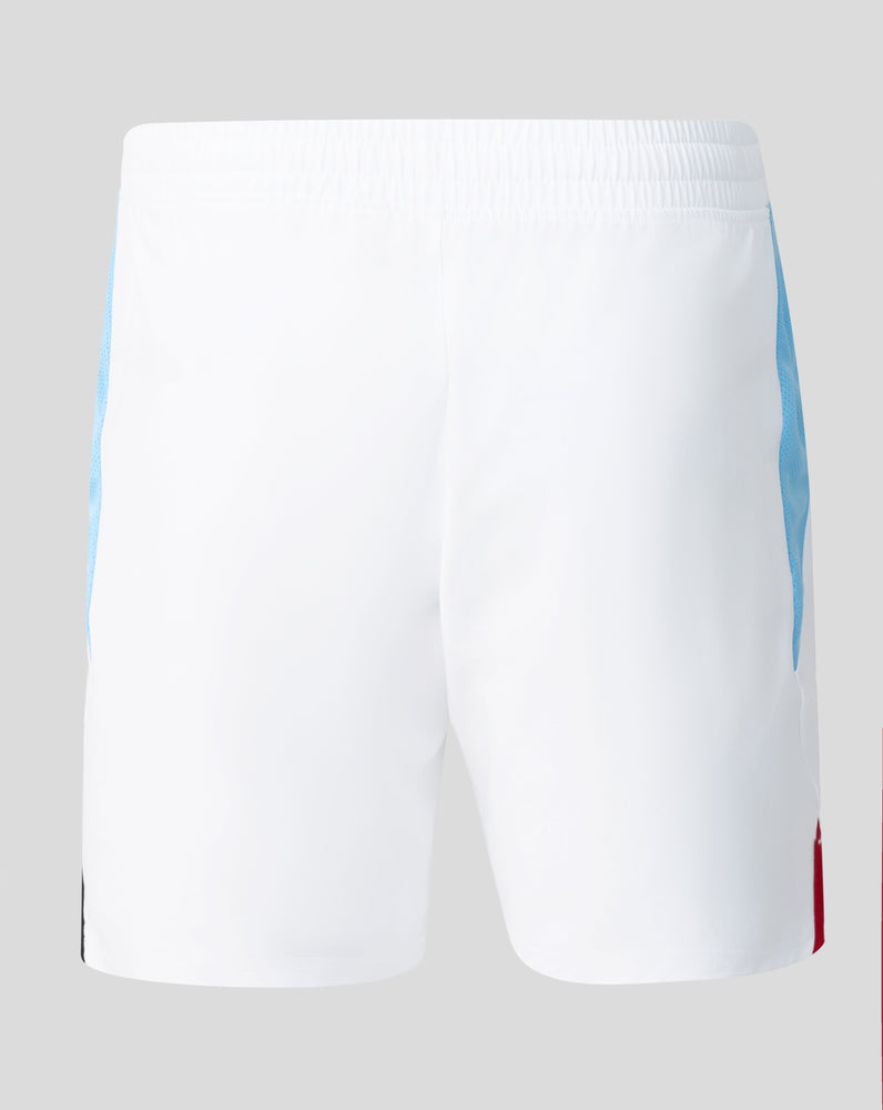 Back view of white Feyenoord Pro Uitshort for men with elastic waistband and blue side trim