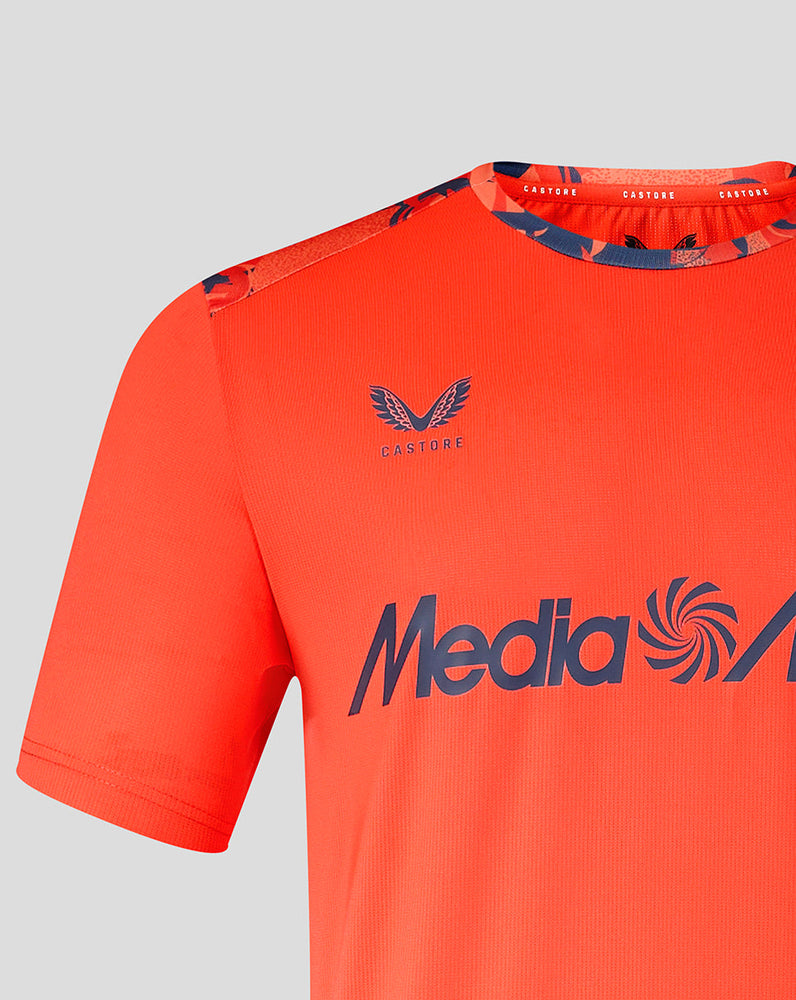 Close-up of Feyenoord Derde Matchday men's jersey with blue camouflage trim on shoulder and crest on chest