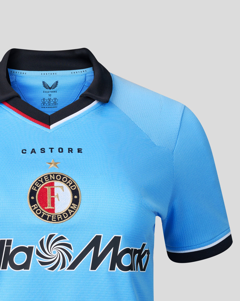 Front view of the blue Feyenoord away shirt showing the club crest and the MediaMarkt sponsor across the chest.