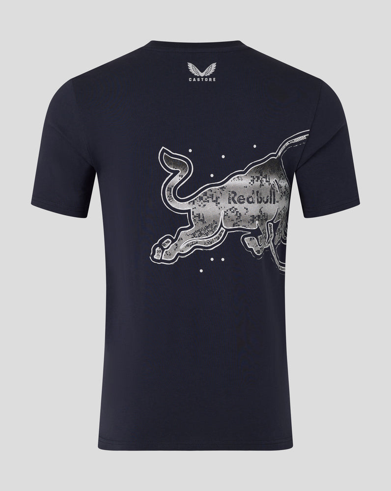Black t-shirt with a graphic design on the back against a gray background