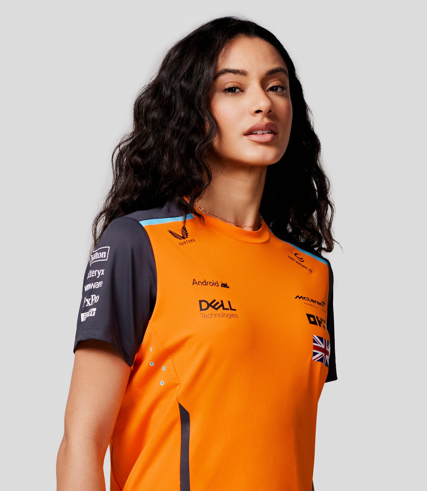 Damen McLaren Offizielles Teamwear-Set-Up-T-Shirt Lando Norris Formel 1 – Papaya/Phantom